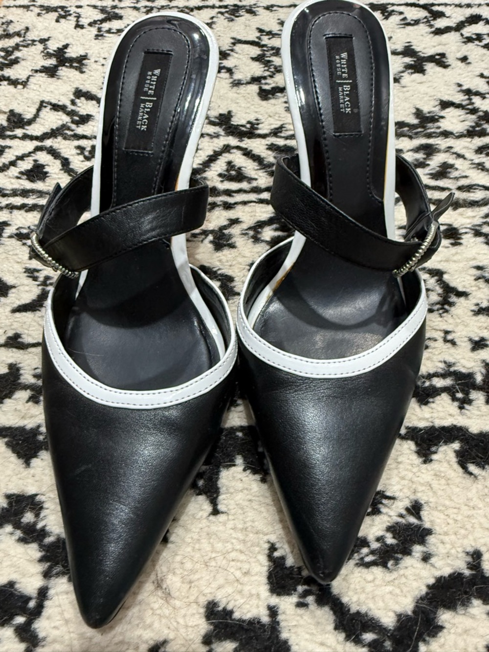 White House Black Market Black and White Pointed Toe mule Heels